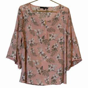 Harve Benard Boho Floral Blouse XL Relaxed Pink Bell Sleeve Trim Airy Casual Top
